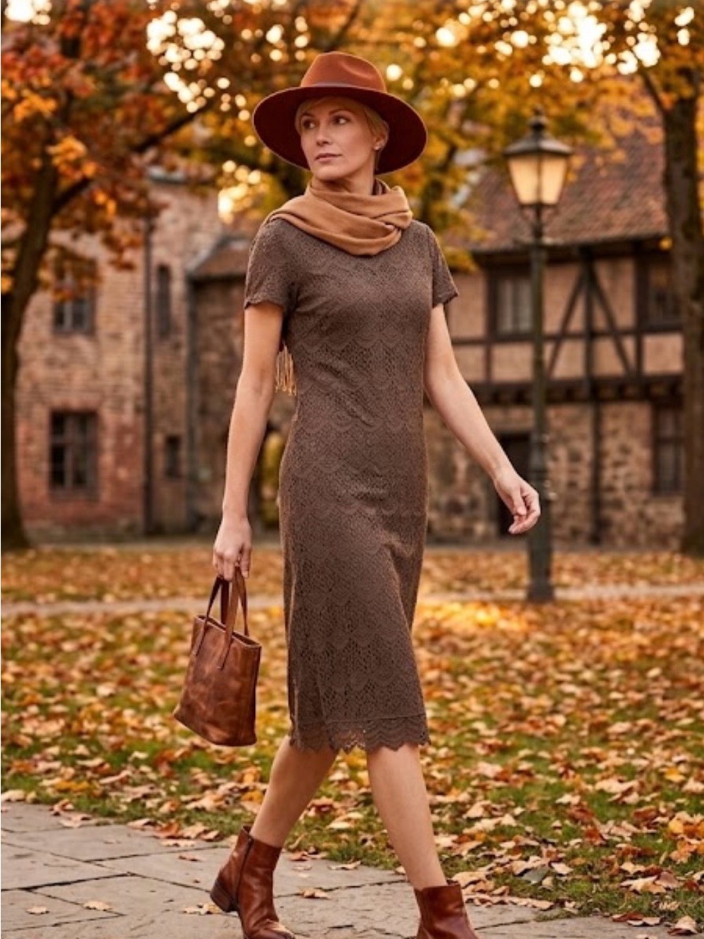 Classic Brown Lace Midi Dress - Women